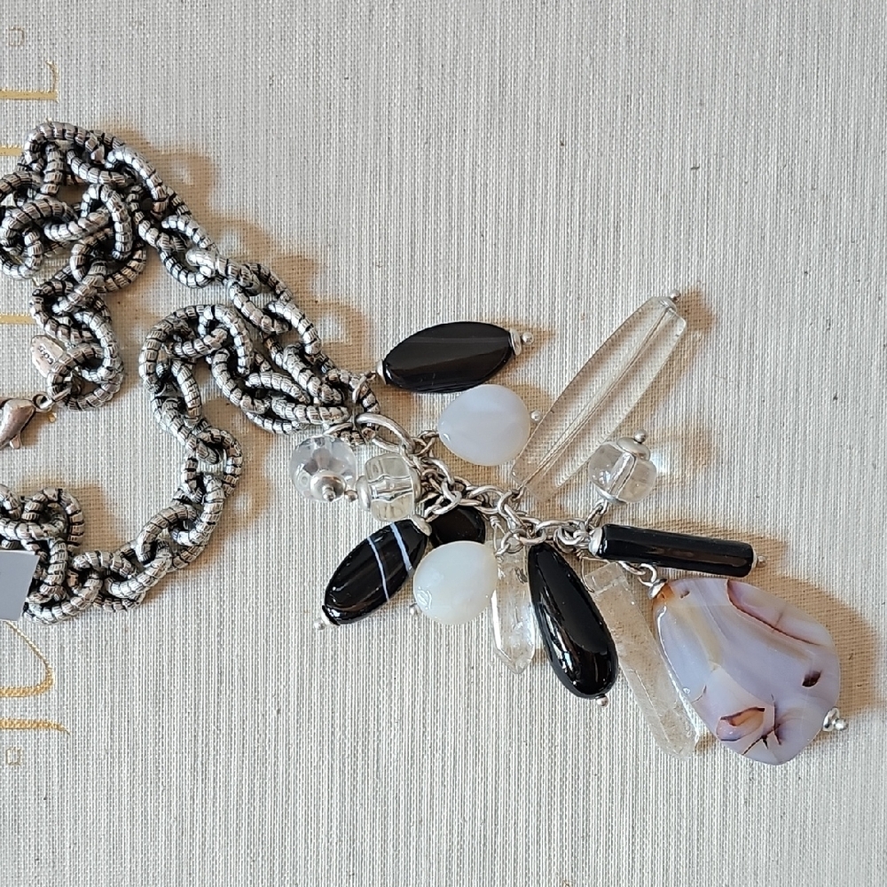 Chico's chunky silver necklace with crystals and semi-precious stones.